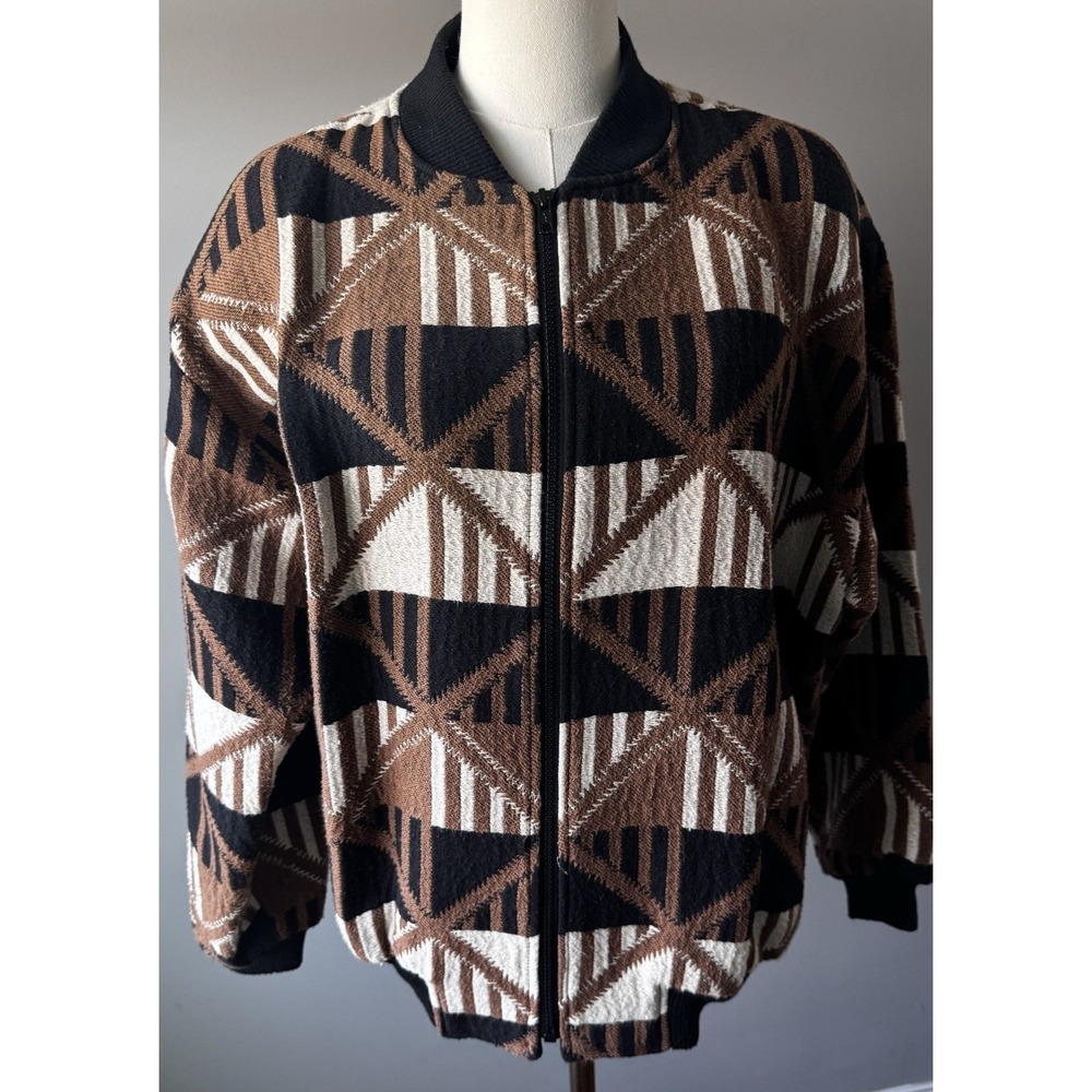 Vintage Harlan Tapestry Bomber Jacket Geometric Brown Black Zip USA Med